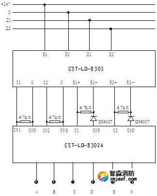 GST-LD-8303型模塊與GST-LD-8302A型模塊組合連接的方法